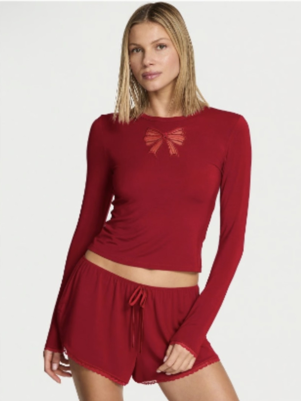 SoSoft Modal Bow Long Sleeve Tee And Shorts Set- Red Lacquer